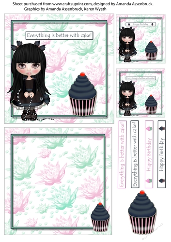 Waterlily Cupcake 5x5 Inch Quick Card Goth Girl