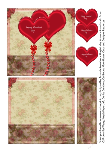 Valentine Hearts and Roses 5 inch Quick Card Red and Cream double floral