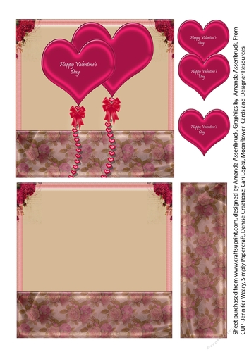 Valentine Hearts and Roses 5 inch Quick Card Pink and Cream 3