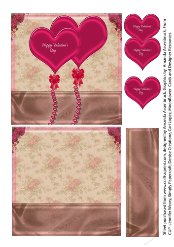 Valentine Hearts and Roses 5 inch Quick Card Pink and Cream 5