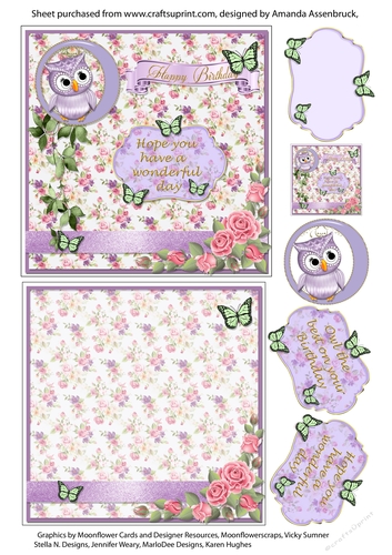 Purple Owl and Roses Birthday Quick Card