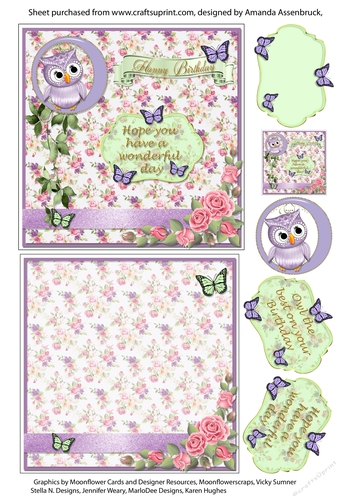 Purple and Green Owl and Roses Birthday Quick Card