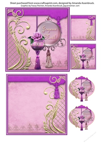 Purple and Gold Baubles French Merry Christmas 5 inch Quickcard