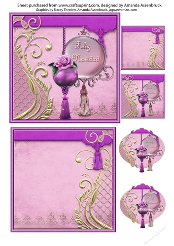 Purple and Gold Baubles Spanish Merry Christmas 5 inch Quickcard
