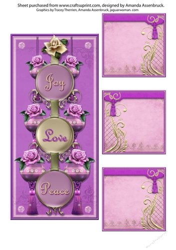 Purple Bauble Joy Love Peace DL Card front and tags
