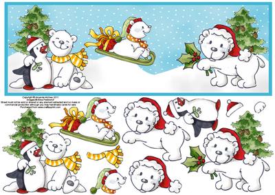 Playing Polar Bears Large Dl Card Front with Decoupage
