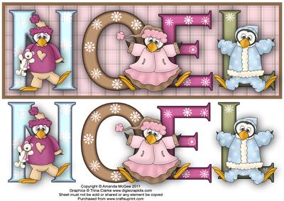Dancing Penguins Noel Large Dl Word Card with Decoupage