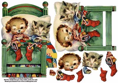 Cat and Dog Waiting for Christmas Decoupage