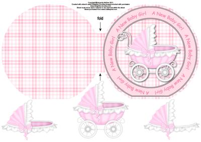Baby Buggy "a New Baby Girl" Wordaround Card with Decoupage