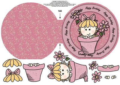 Flowerpot Girl "happy Birthday" Wordaround Card with Decoup
