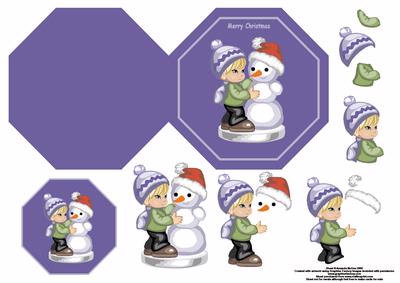 Cute Boy Building Snowman Quick Octagon Card and Decoupage