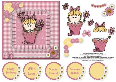 Flowerpot Girl Buttons 'n' Bows 6x6 Square Card