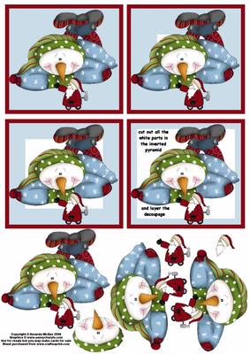 Snowman Playing with Santa Toy Inverted Pyramid with Decoupage