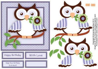 Flower Power Owl 4 6x6 Square Card with Decoupage