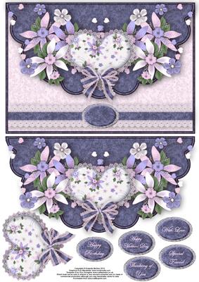 Hearts and Flowers in Lilac and Blue Envelope Card with Dec