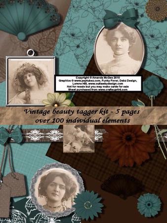 Vintage Beauty Tagger Kit in Shades of Teal and Brown with Mini Frames and Charms
