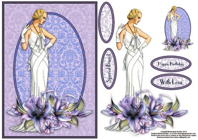 Lady and Lilies A5 Card Front with Decoupage Layers
