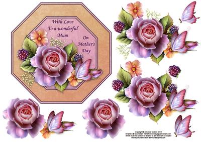 Roses and Butterfly Octagon Card Front with Decouapge