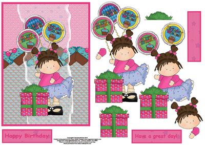 Baloon and Cupcake Girl Card Front and Decoupage