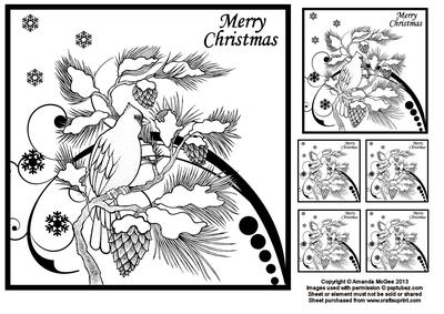 Bird in a Pine Tree 8x8 Black and White Topper