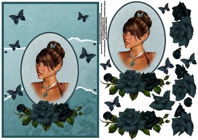 Girl Cameo with Teal Roses and Butterflies Card Front