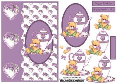 Teatime Bear and Hearts Card Front and Decoupage in Lilac