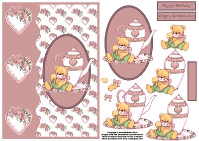 Teatime Teddy and Hearts Card Front and Decoupage in Pink