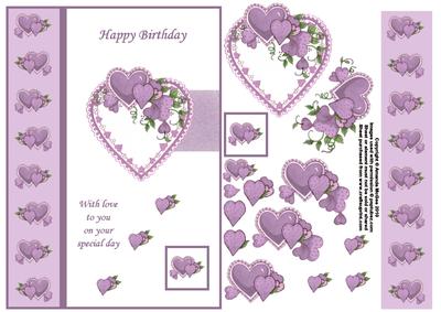 Lilac Hearts Card Front with Decoupage - Birthday