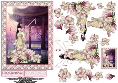 Japanese Beauty and Magnolias Card Front with Decoupage