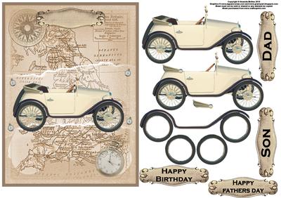 White Car Card Front and Decoupage