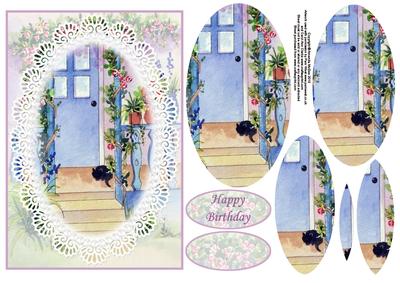 Cat at the Door Watercolour and Lace Card Front with Pyramid