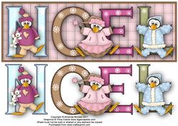 Dancing Penguins Noel Large Dl Word Card with Decoupage