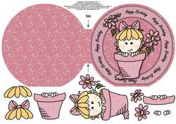 Flowerpot Girl "happy Birthday" Wordaround Card with Decoup