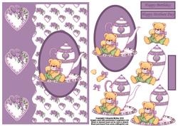 Teatime Bear and Hearts Card Front and Decoupage in Lilac
