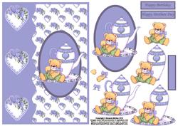 Teatime Teddy and Hearts Card Front and Decoupage in Blue