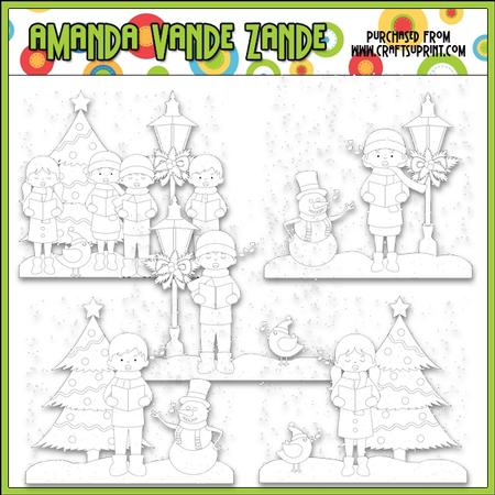 Christmas Cheer Caroler Scenes Digital Stamp Clip Art