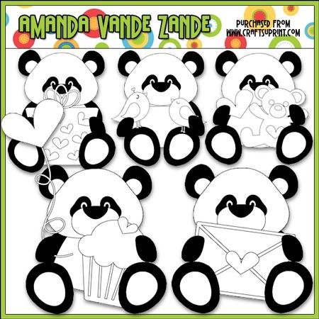 Little Valentine Panda Bears Digital Stamp C;ip Art