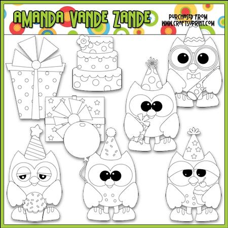 Birthday Party Owls Digital Stamp Clip Art