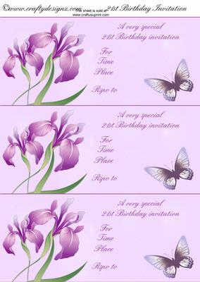 Lilac Butterflies and Flowers 21st Birthday Invitations