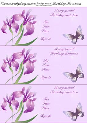Lilac Butterflies and Flowers Birthday Invitations