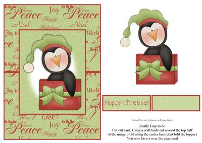 Christmas Penguin with Xmas Present Over the Edge Card