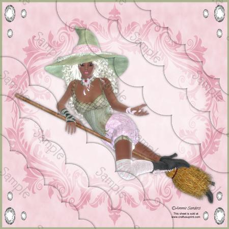 Pretty Ethnic Witch in Pink & Sage 8x8 Scallop Corner Stacke