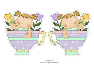 Sweet Little Girl in a Cup with Tulips