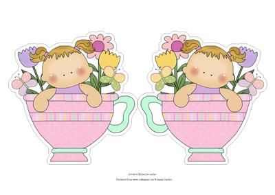 Sweet Little Girl in a Teacup with Flowers & Butterflies