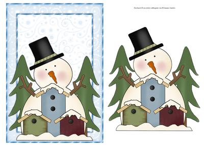 Christmas Snowman with Bird Houses Card Front