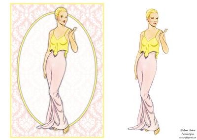 Vintage Fashion Lady on Damask Background Card Front
