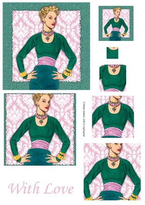 Vintage Fashion Lady on Damask Background Pyramid