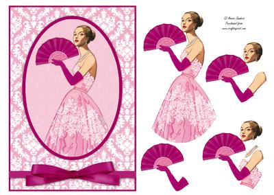 Beautiful Lady in Pink with a Fan Card Front Decoupage