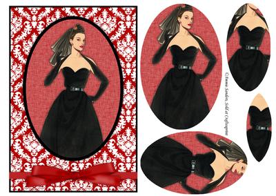 Vintage Beauty in Black Card Front with Pyramid Decoupage