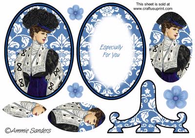 Vintage Beauty Cameo , Wearing a Gorgeous Navy Blue & Black Dress Plate Card Kit